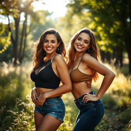 A striking artistic portrayal of two confident women in a serene outdoor setting, surrounded by nature