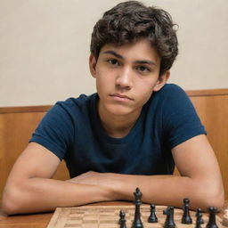 A Latin male teenager with his arms crossed, intensely studying a chess board below him. In one hand, he's casually holding an arnis stick.