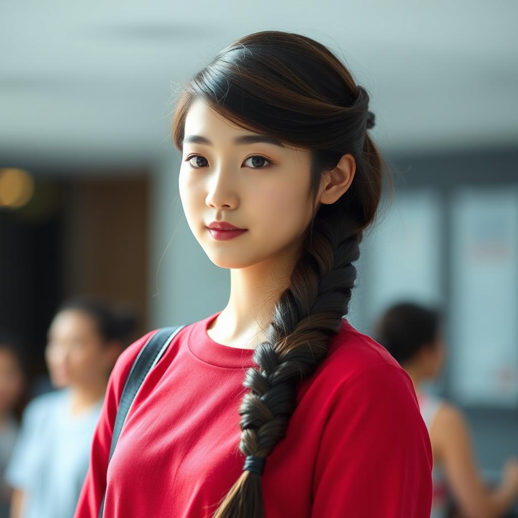 A tall Korean girl with a stylish French braid, showcasing her elegant hairdo
