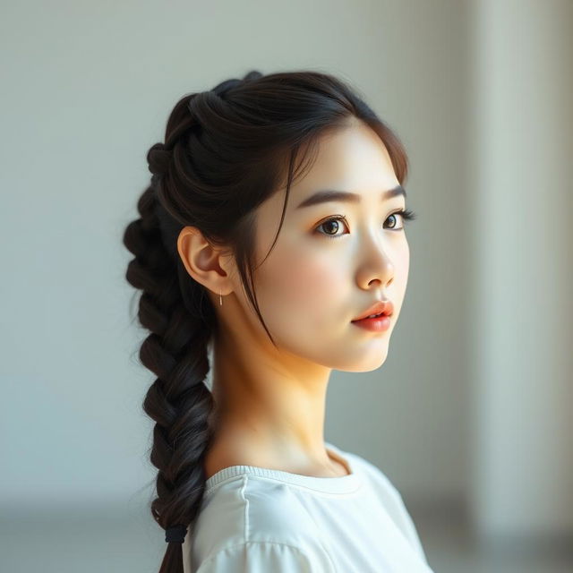 A tall Korean girl with a stylish French braid, showcasing her elegant hairdo