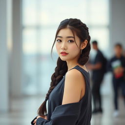 A tall Korean girl with a stylish French braid, showcasing her elegant hairdo