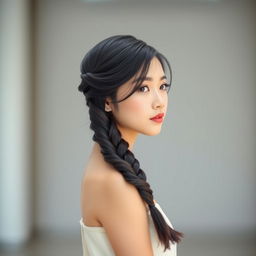 A tall Korean girl with a stylish French braid, showcasing her elegant hairdo