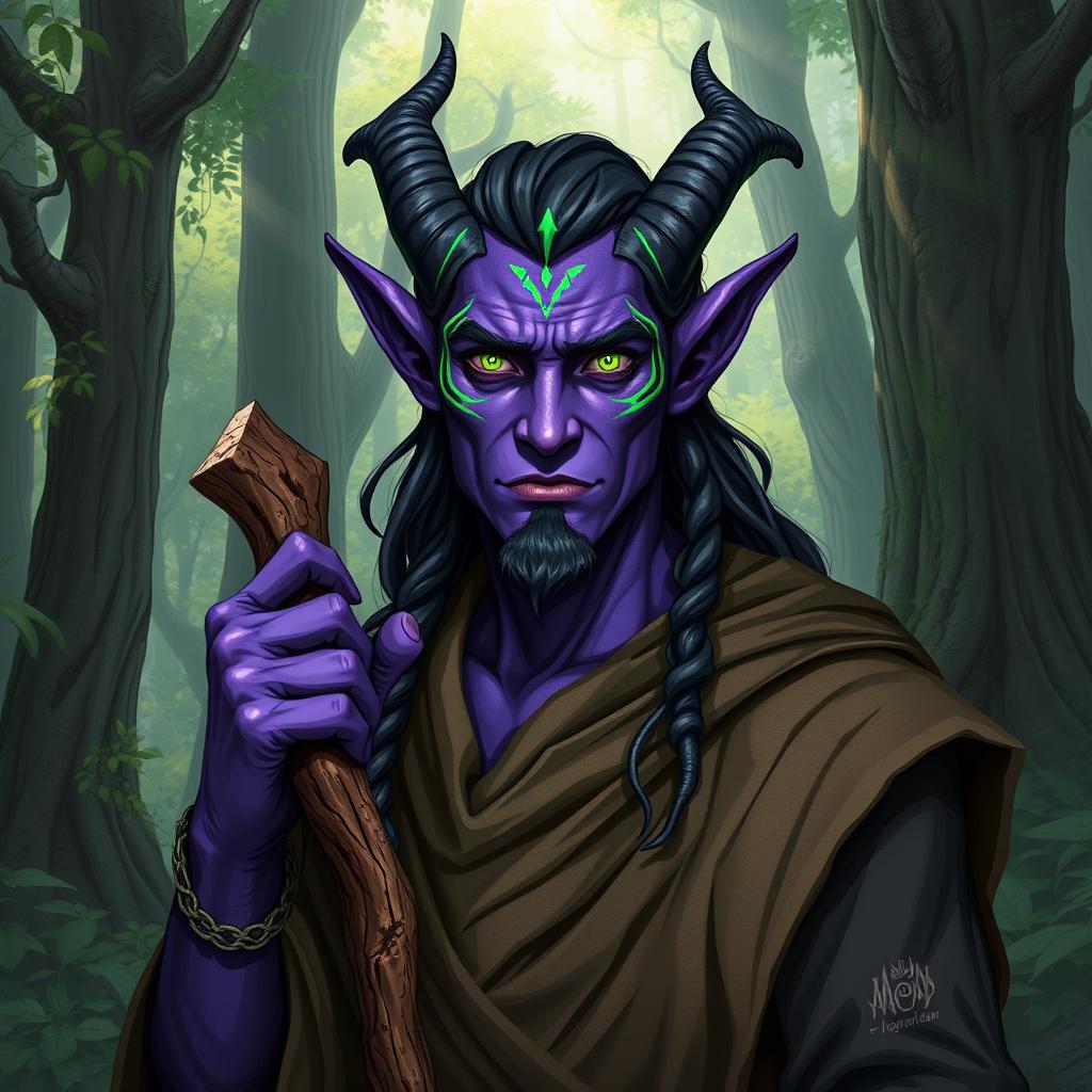 A handsome druid Tiefling with striking purple skin and vibrant green lines decorating their face, accentuating their strong jawline and high cheekbones