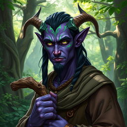 A handsome druid Tiefling with striking purple skin and vibrant green lines decorating their face, accentuating their strong jawline and high cheekbones