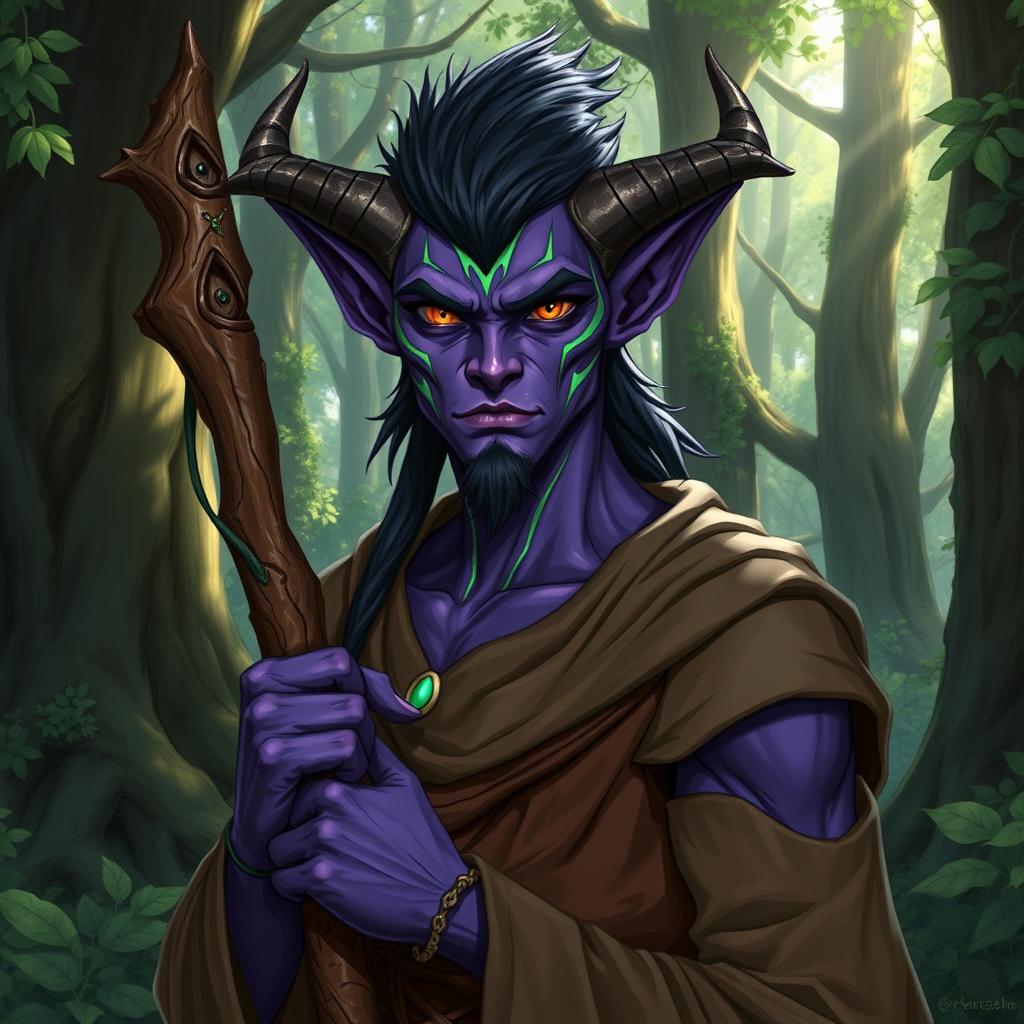 A handsome druid Tiefling with striking purple skin and vibrant green lines decorating their face, accentuating their strong jawline and high cheekbones