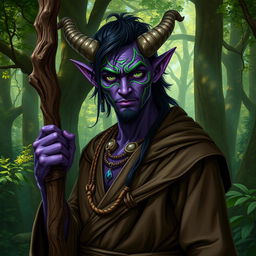 A handsome druid Tiefling with striking purple skin and vibrant green lines decorating their face, accentuating their strong jawline and high cheekbones