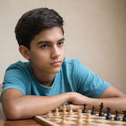 A Latin male teenager with his arms crossed, intensely studying a chess board below him. In one hand, he's casually holding an arnis stick.