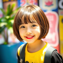 A cute Korean girl with a stylish bob haircut, exuding charm and playfulness