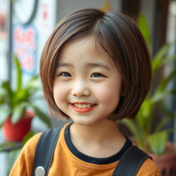 A cute Korean girl with a stylish bob haircut, exuding charm and playfulness