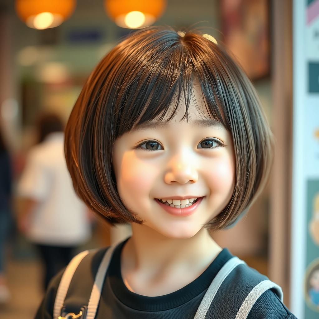 A cute Korean girl with a stylish bob haircut, exuding charm and playfulness