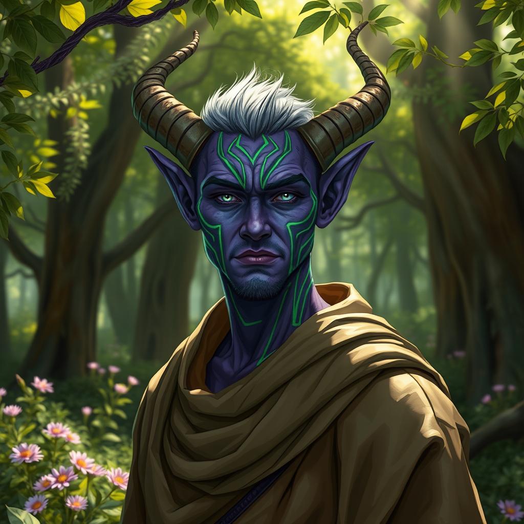 A handsome druid Tiefling with striking purple skin and vibrant green lines elegantly etched around their face, enhancing their alluring features