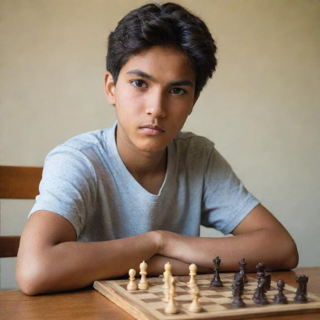 A Latin male teenager with his arms crossed, intensely studying a chess board below him. In one hand, he's casually holding an arnis stick.