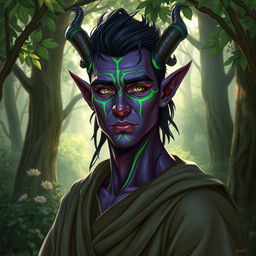 A handsome druid Tiefling with striking purple skin and vibrant green lines elegantly etched around their face, enhancing their alluring features