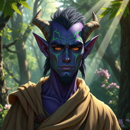 A handsome druid Tiefling with striking purple skin and vibrant green lines elegantly etched around their face, enhancing their alluring features