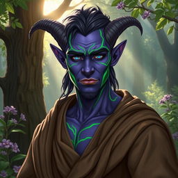 A handsome druid Tiefling with striking purple skin and vibrant green lines elegantly etched around their face, enhancing their alluring features