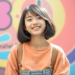 A cute Korean teenager with a trendy bob haircut, radiating youthful charm and joy