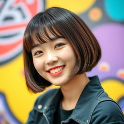 A cute Korean teenager with a trendy bob haircut, radiating youthful charm and joy