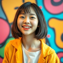 A cute Korean teenager with a trendy bob haircut, radiating youthful charm and joy