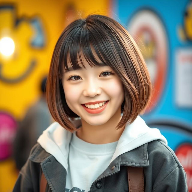 A cute Korean teenager with a trendy bob haircut, radiating youthful charm and joy