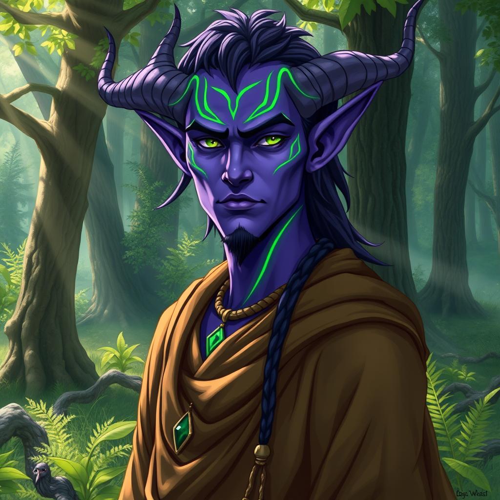 A handsome druid Tiefling with striking purple skin and vibrant green lines elegantly tracing around their face, enhancing their alluring features