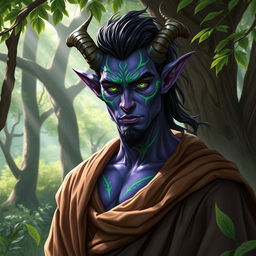 A handsome druid Tiefling with striking purple skin and vibrant green lines elegantly tracing around their face, enhancing their alluring features