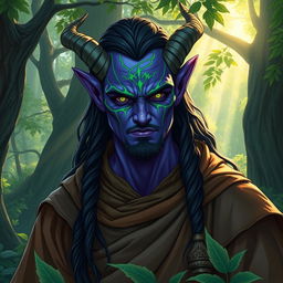 A handsome druid Tiefling with striking purple skin and vibrant green lines elegantly tracing around their face, enhancing their alluring features