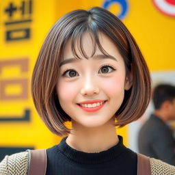 A cute Korean lady with a chic bob haircut and big, expressive eyes that radiate charm and warmth