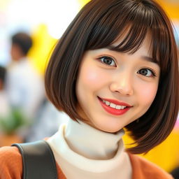 A cute Korean lady with a chic bob haircut and big, expressive eyes that radiate charm and warmth