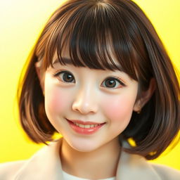 A cute Korean lady with a chic bob haircut and big, expressive eyes that radiate charm and warmth