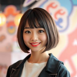 A cute Korean woman with a stylish bob haircut and large, expressive eyes that convey warmth and friendliness