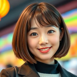 A cute Korean woman with a stylish bob haircut and large, expressive eyes that convey warmth and friendliness