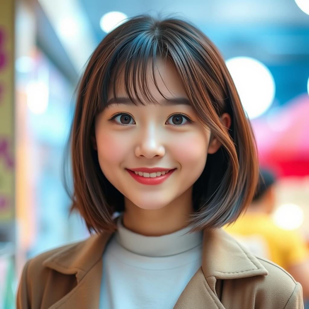 A cute Korean woman with a stylish bob haircut and large, expressive eyes that convey warmth and friendliness