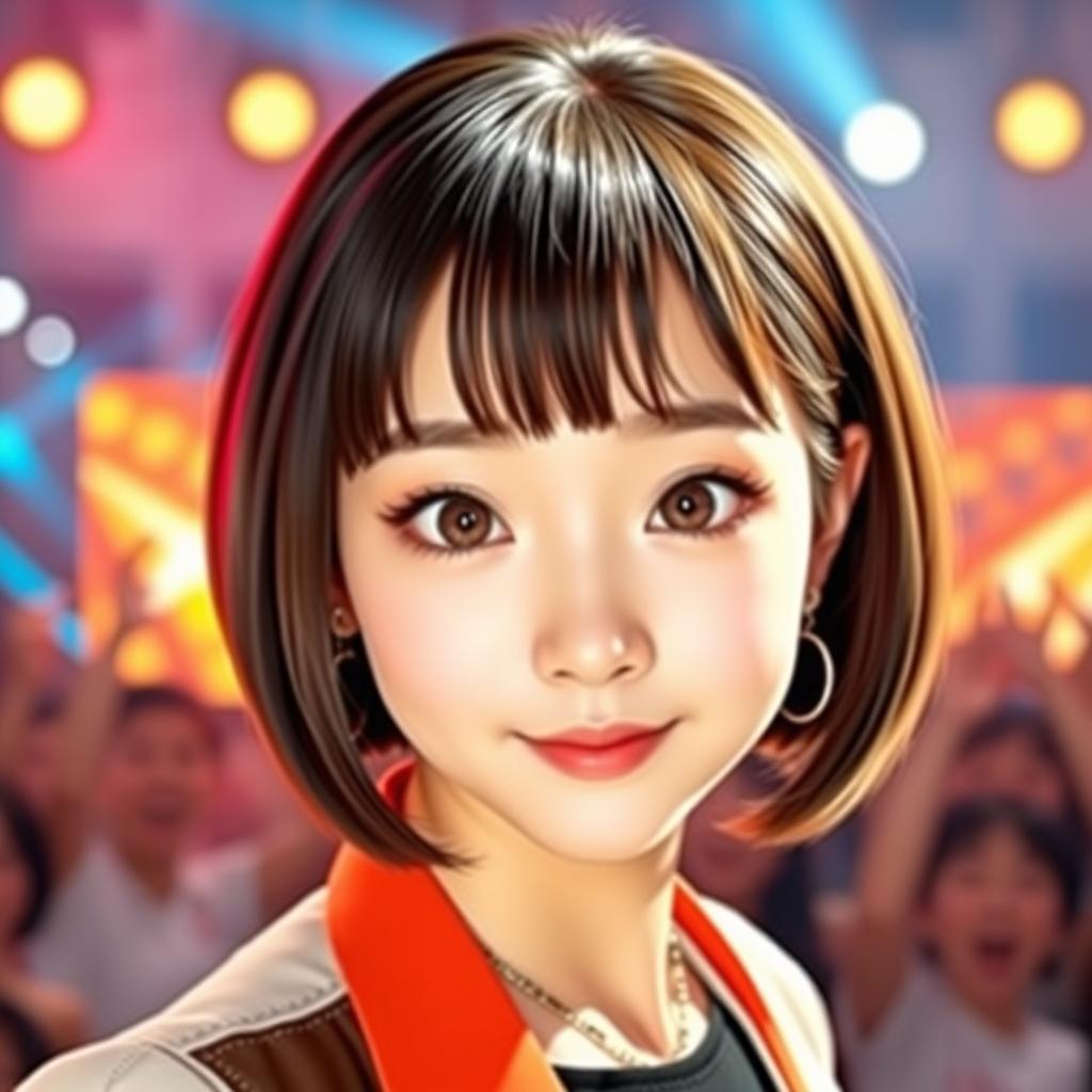 A cute Korean K-pop idol with a stylish bob haircut and large, expressive eyes that sparkle with charisma