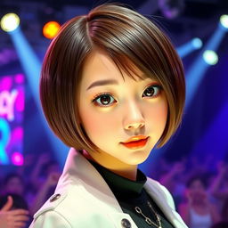 A cute Korean K-pop idol with a stylish bob haircut and large, expressive eyes that sparkle with charisma