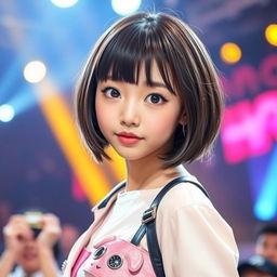 A cute Korean K-pop idol with a stylish bob haircut and large, expressive eyes that sparkle with charisma