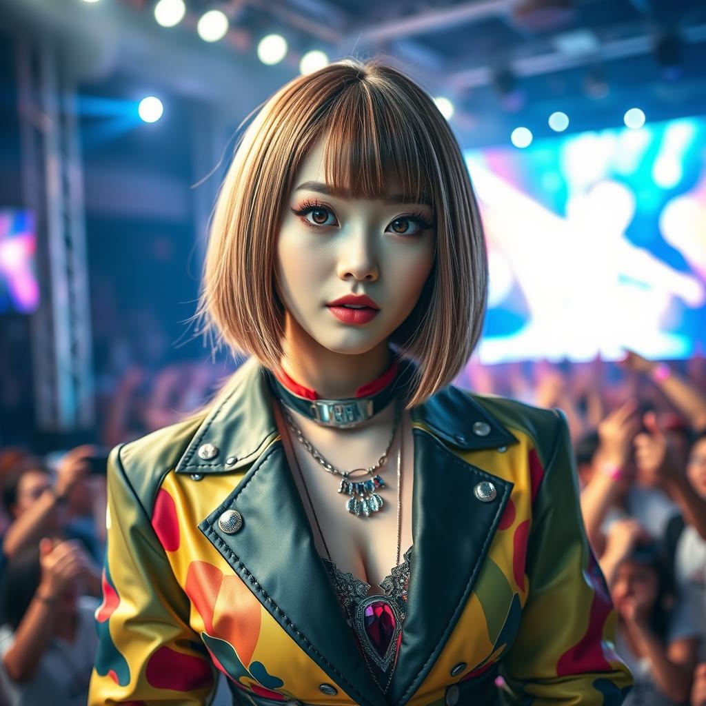 A K-pop idol with a trendy bob haircut and strikingly large eyes that draw attention