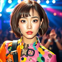 A K-pop idol with a trendy bob haircut and strikingly large eyes that draw attention