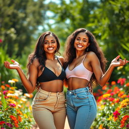 A vibrant and artistic portrayal of two confident women embracing their natural beauty in a lush outdoor setting