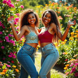 A vibrant and artistic portrayal of two confident women embracing their natural beauty in a lush outdoor setting