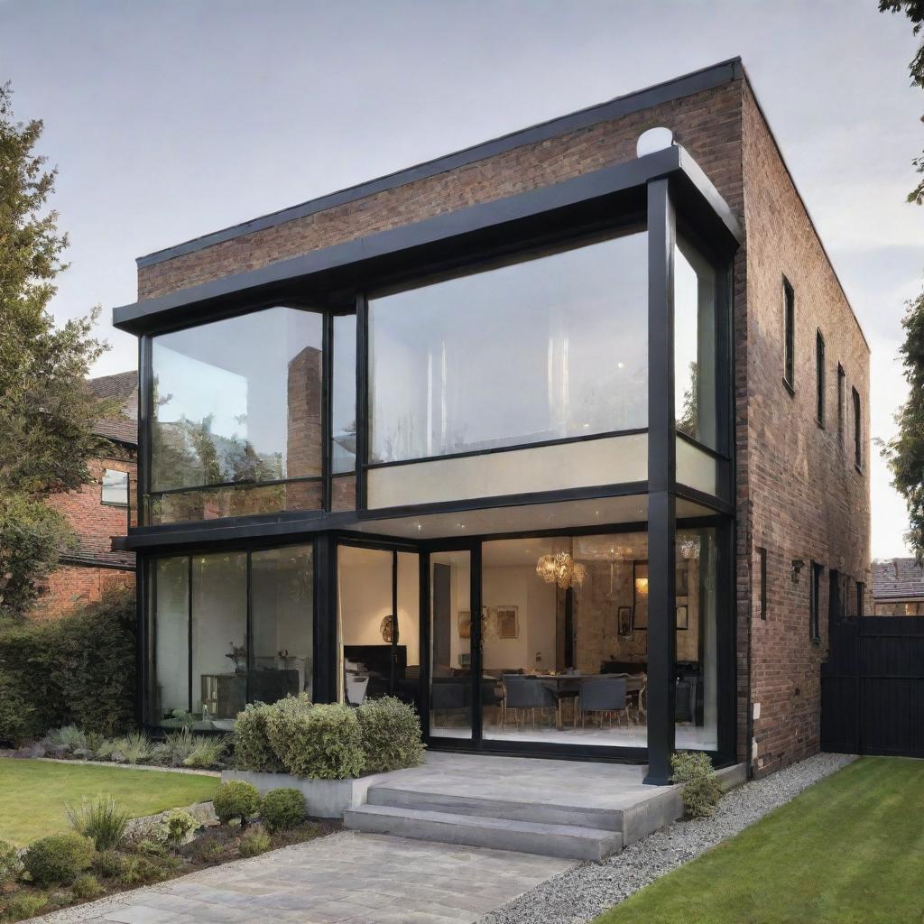 A modern house blending with a gaspunk theme. The structure includes sophisticated gas technology elements along with Victorian aesthetics like brass fittings, beveled glass details, combined with the modern essence of clean lines and expansive glass windows.