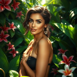 An exquisite and artistic depiction of a beautiful woman in a lush jungle setting, surrounded by vibrant greenery and tropical flowers