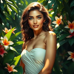 An exquisite and artistic depiction of a beautiful woman in a lush jungle setting, surrounded by vibrant greenery and tropical flowers