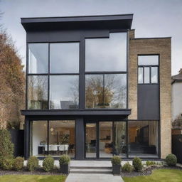 A modern house blending with a gaspunk theme. The structure includes sophisticated gas technology elements along with Victorian aesthetics like brass fittings, beveled glass details, combined with the modern essence of clean lines and expansive glass windows.