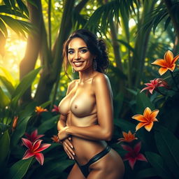 An artistic and beautiful depiction of a woman in a lush jungle environment, surrounded by vibrant green foliage and colorful tropical flowers