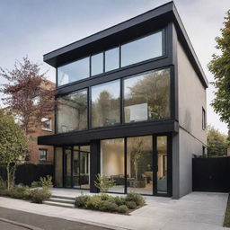 A modern house blending with a gaspunk theme. The structure includes sophisticated gas technology elements along with Victorian aesthetics like brass fittings, beveled glass details, combined with the modern essence of clean lines and expansive glass windows.