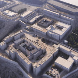 An aerial view of a state-of-the-art maximum-security penitentiary, featuring imposing walls, high-tech surveillance systems, and a complex layout.