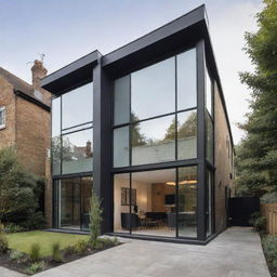 A modern house blending with a gaspunk theme. The structure includes sophisticated gas technology elements along with Victorian aesthetics like brass fittings, beveled glass details, combined with the modern essence of clean lines and expansive glass windows.