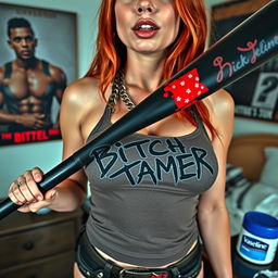 A close-up shot focusing on the chest and torso of a sexy female redhead wearing a fitted tank top adorned with punk chains