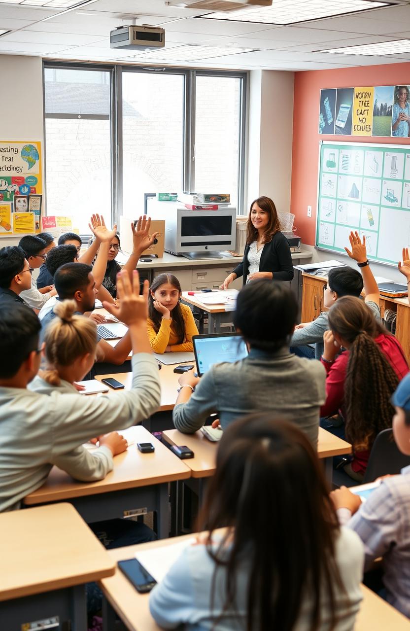 A vibrant classroom filled with diverse students engaged in a lively discussion about technology