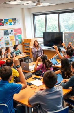 A vibrant classroom filled with diverse students engaged in a lively discussion about technology